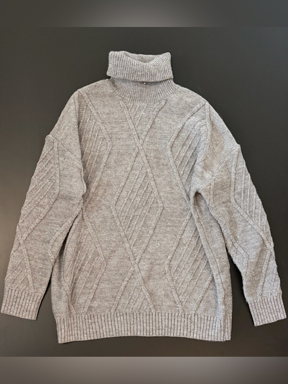 Belldini Light Gray Sequin Cable Turtleneck Sweater